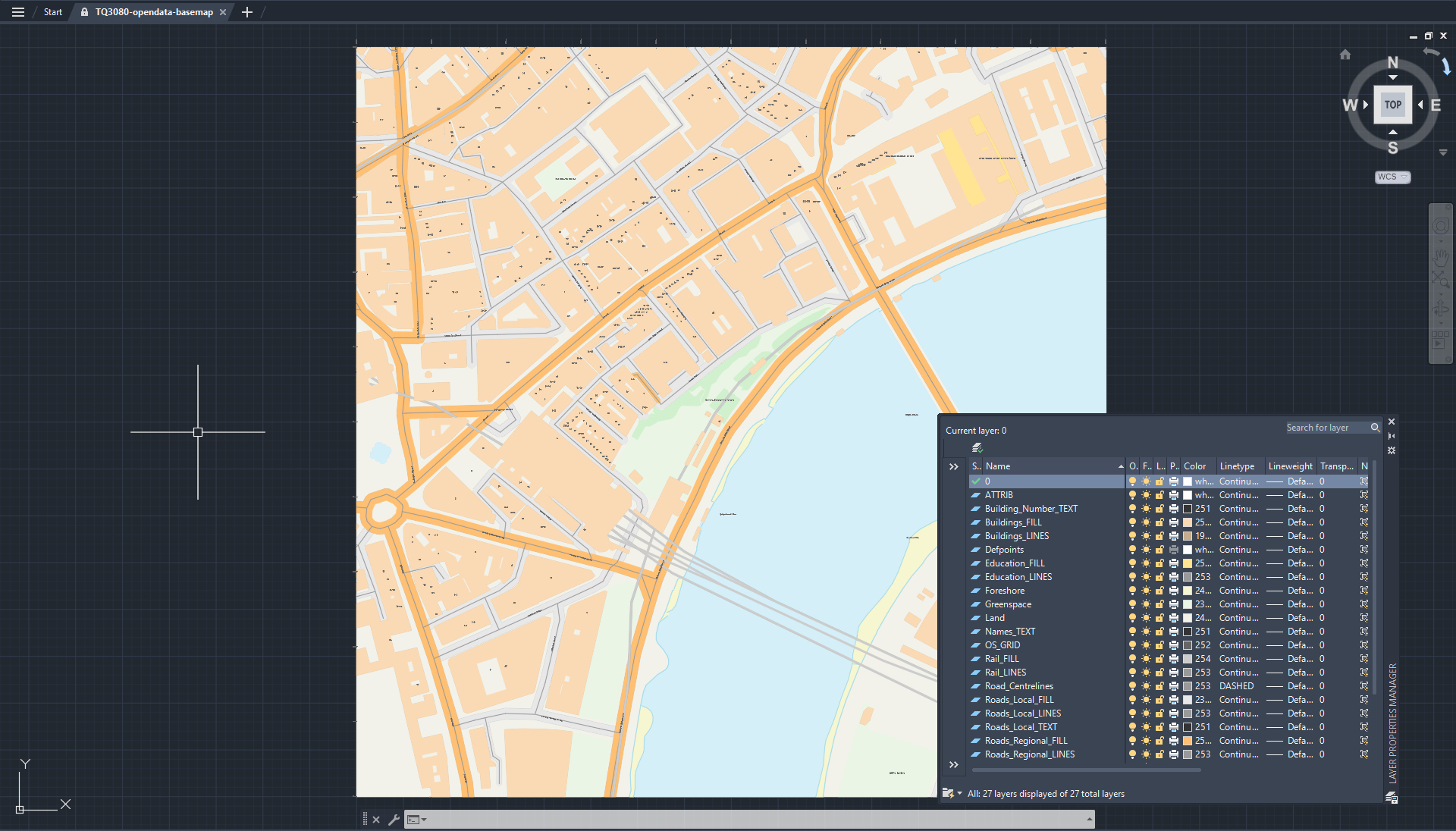 Open data CAD basemap showing buildings, roads and water around a site
