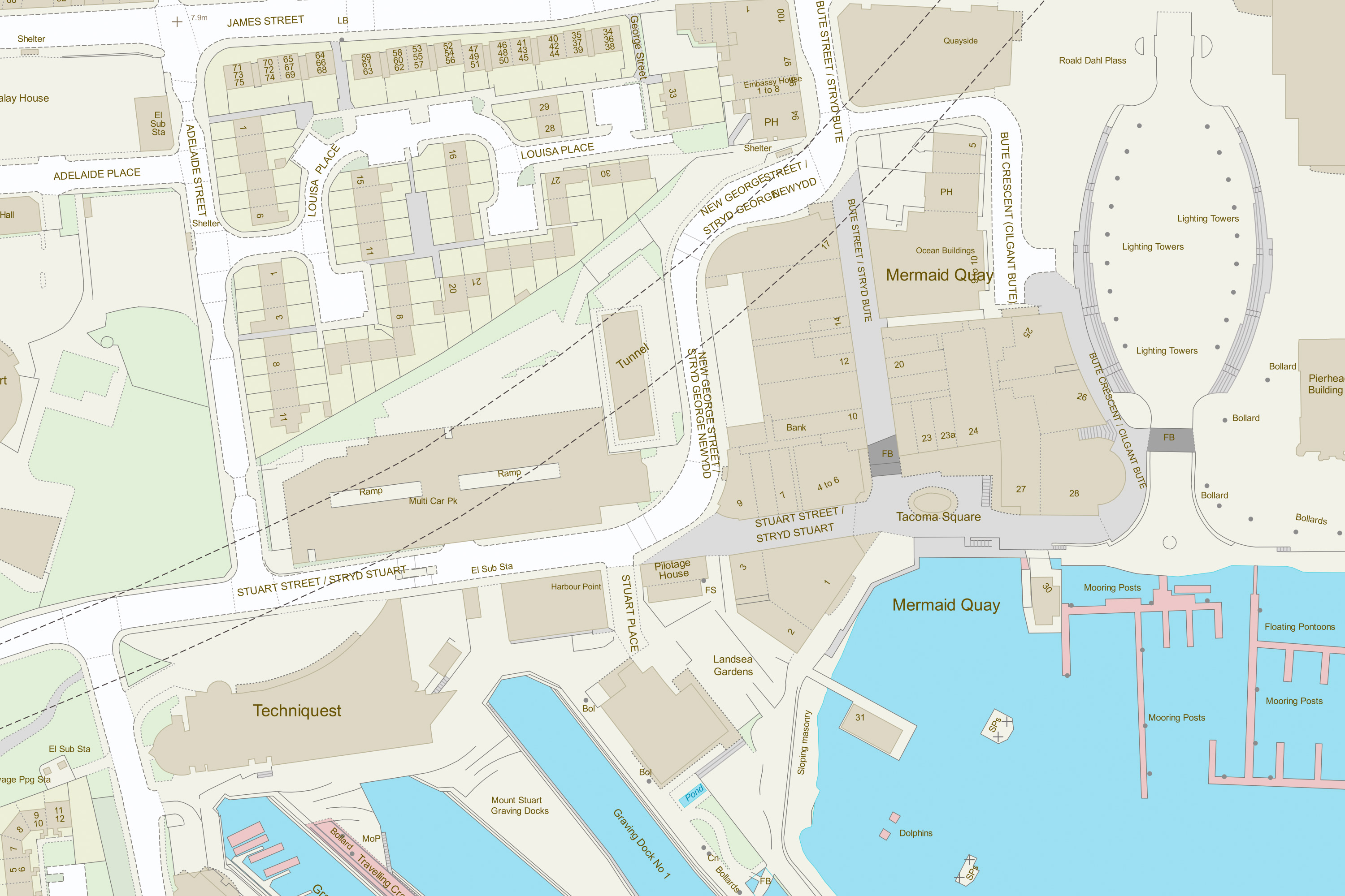 Detailed OS MasterMap CAD extract showing building outlines and surrounding features